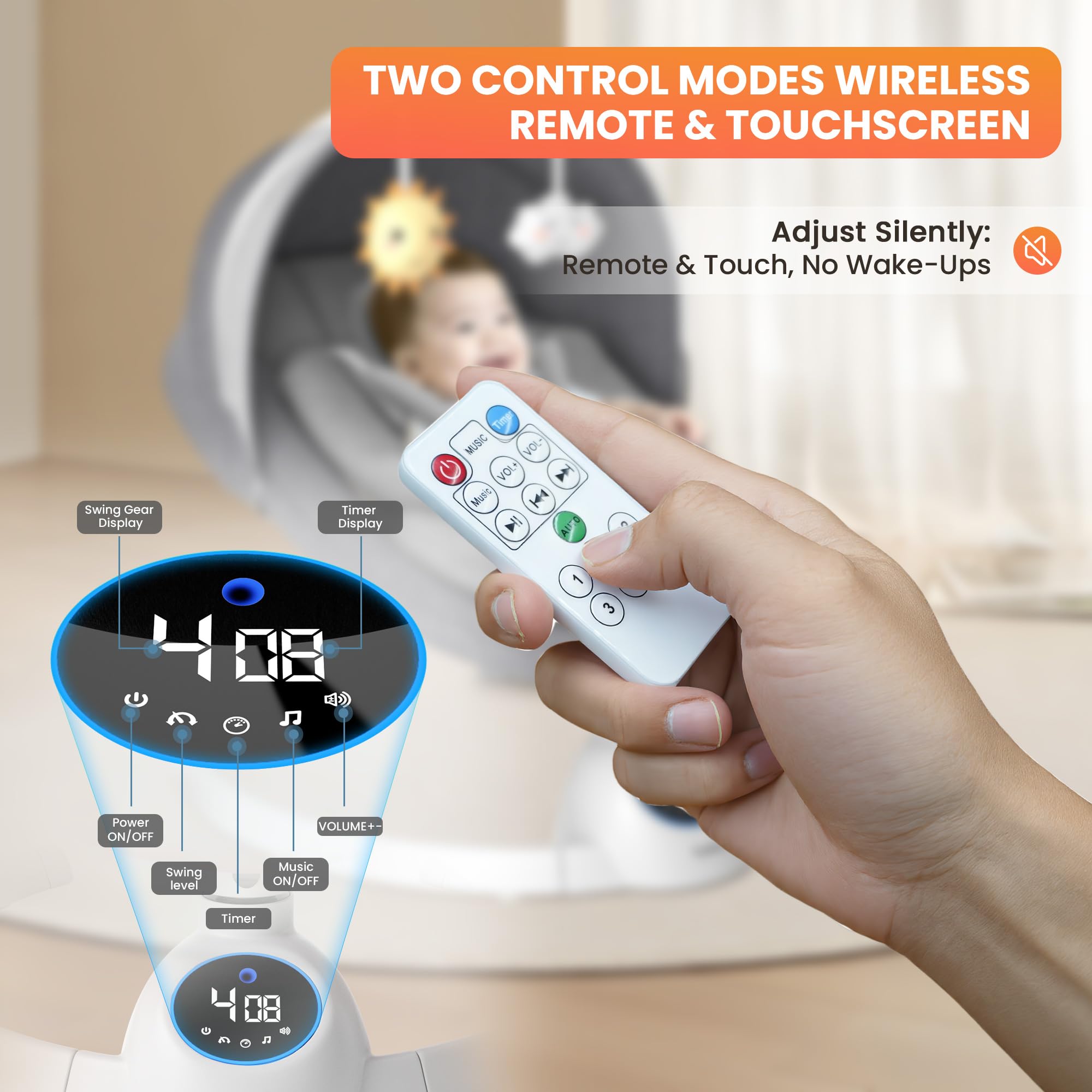 TouHeart swing with Bluetooth music streams lullabies for soothing play.