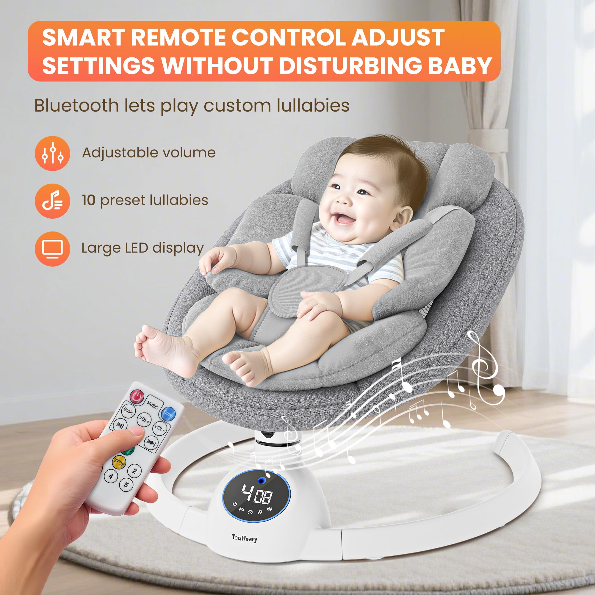 TouHeart electric baby swing remote control enables easy adjustments.