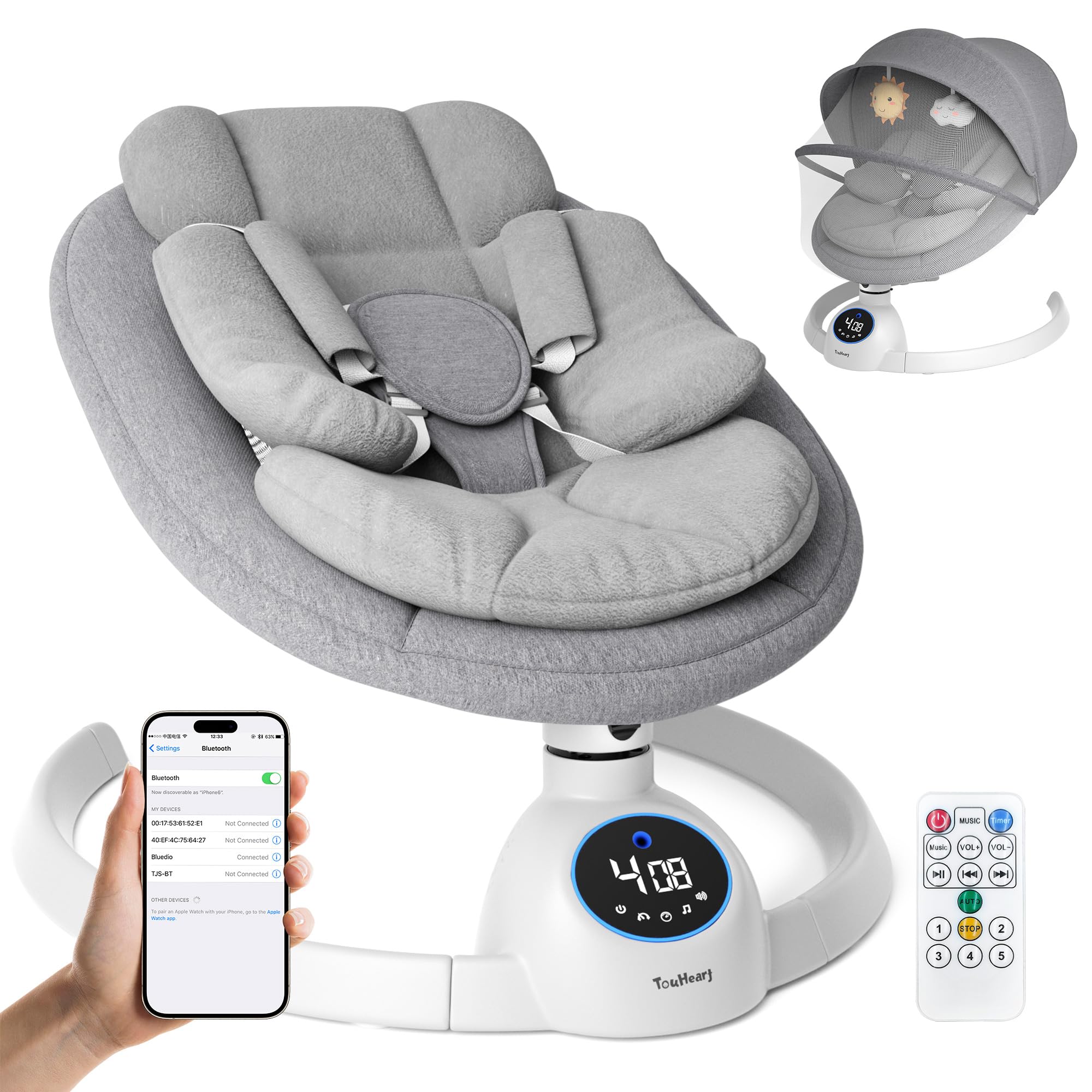 TouHeart electric baby swing with wood grain finish offers soothing motion.