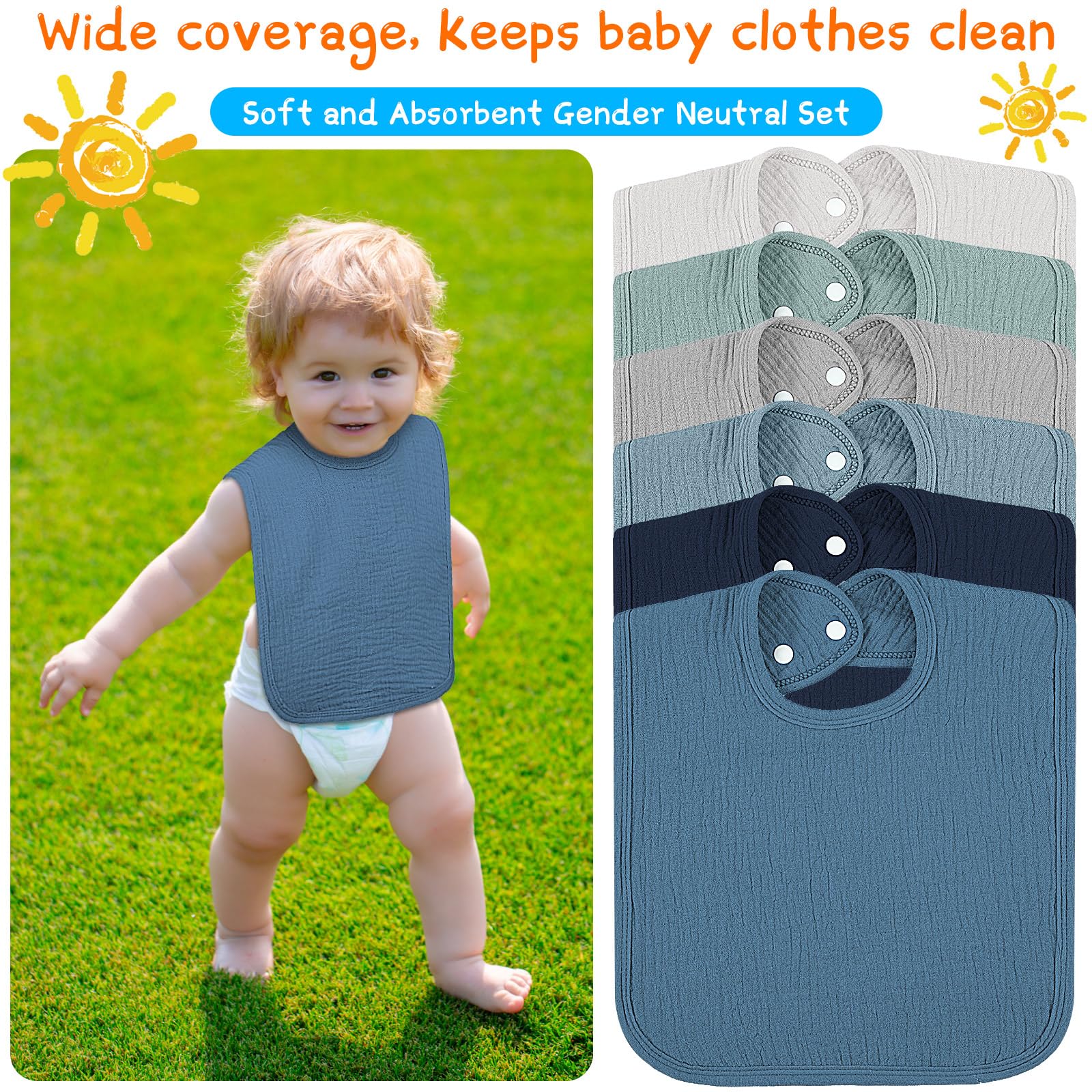 Toulite muslin bibs gentle on skin, ideal for teething infants.