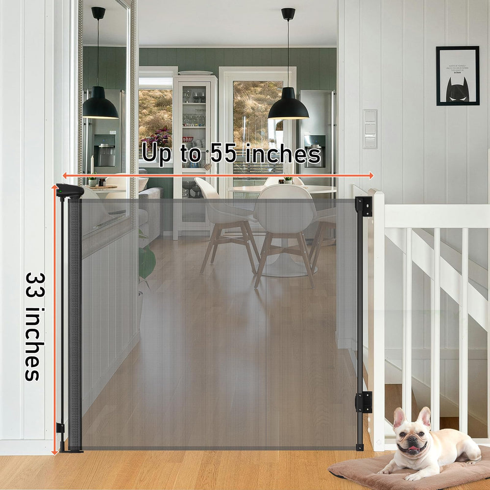 Toumoly retractable mesh safety gate extended to 55 inches for wide openings.