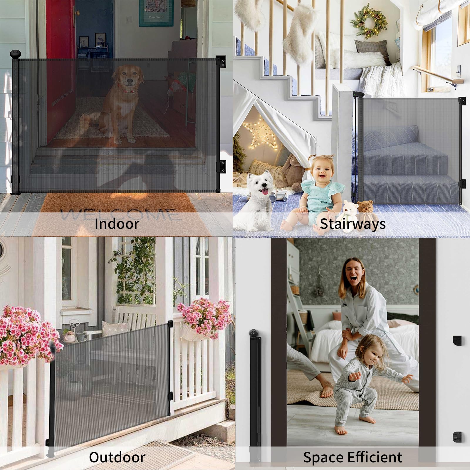 Toumoly gate suitable for indoor and outdoor use with durable mesh.