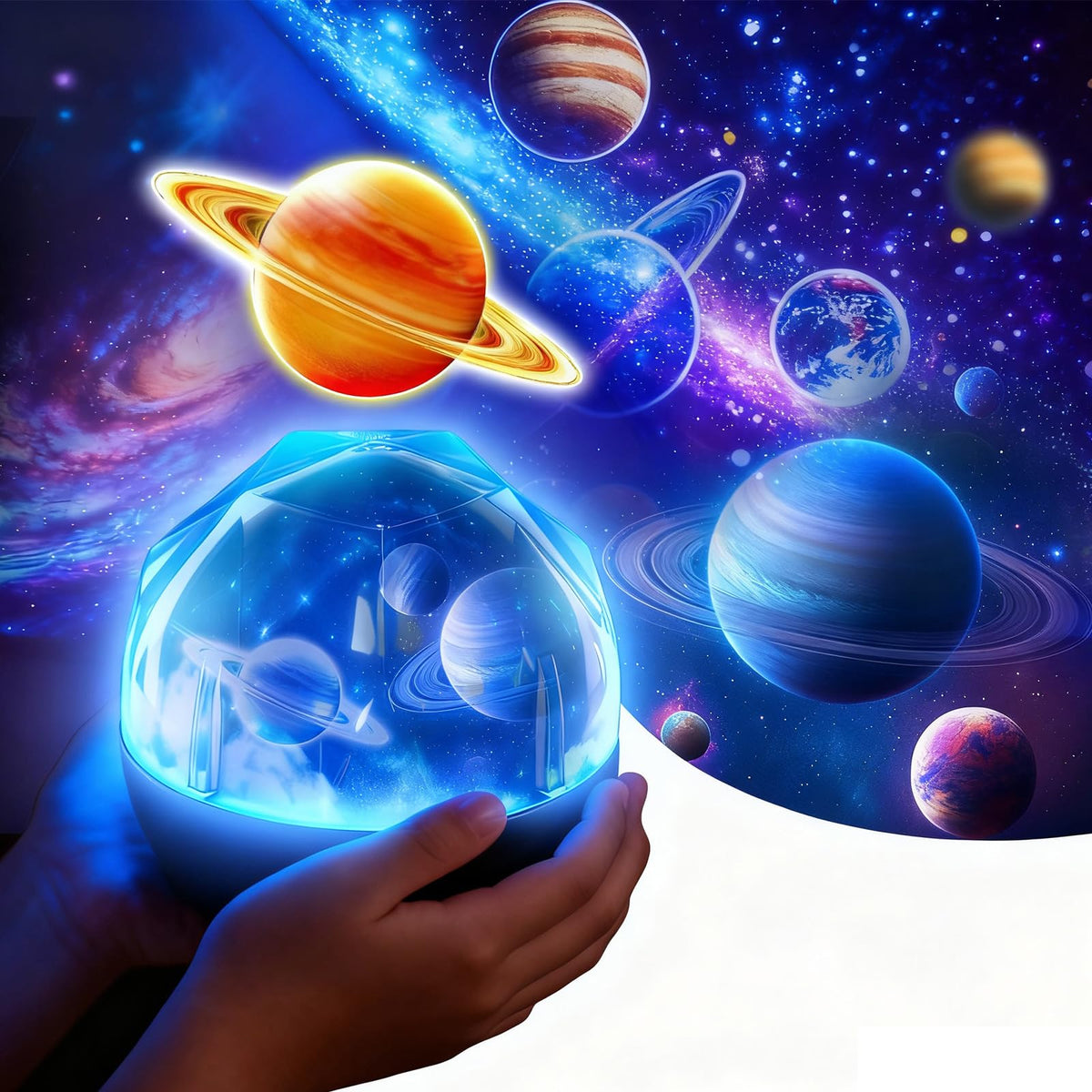 Tourace solar system projector casts ceiling planets for immersive room visuals.