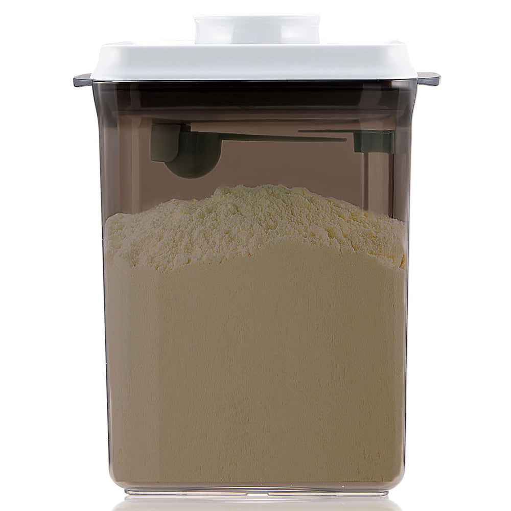 Tourdeus Formula Container to Go with lid open for quick one-handed use.