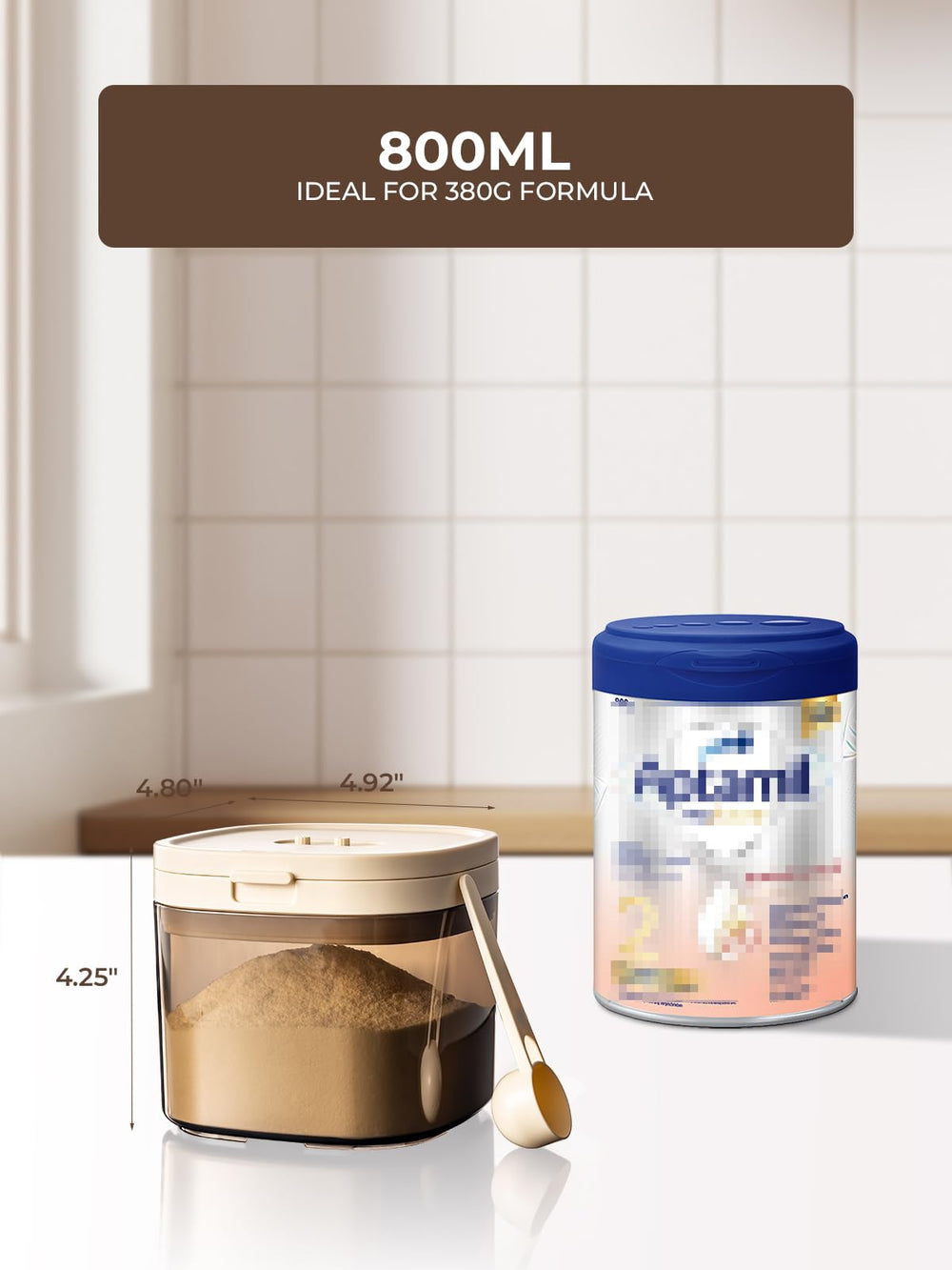 Tourdeus container includes built-in scraper for tidy formula handling