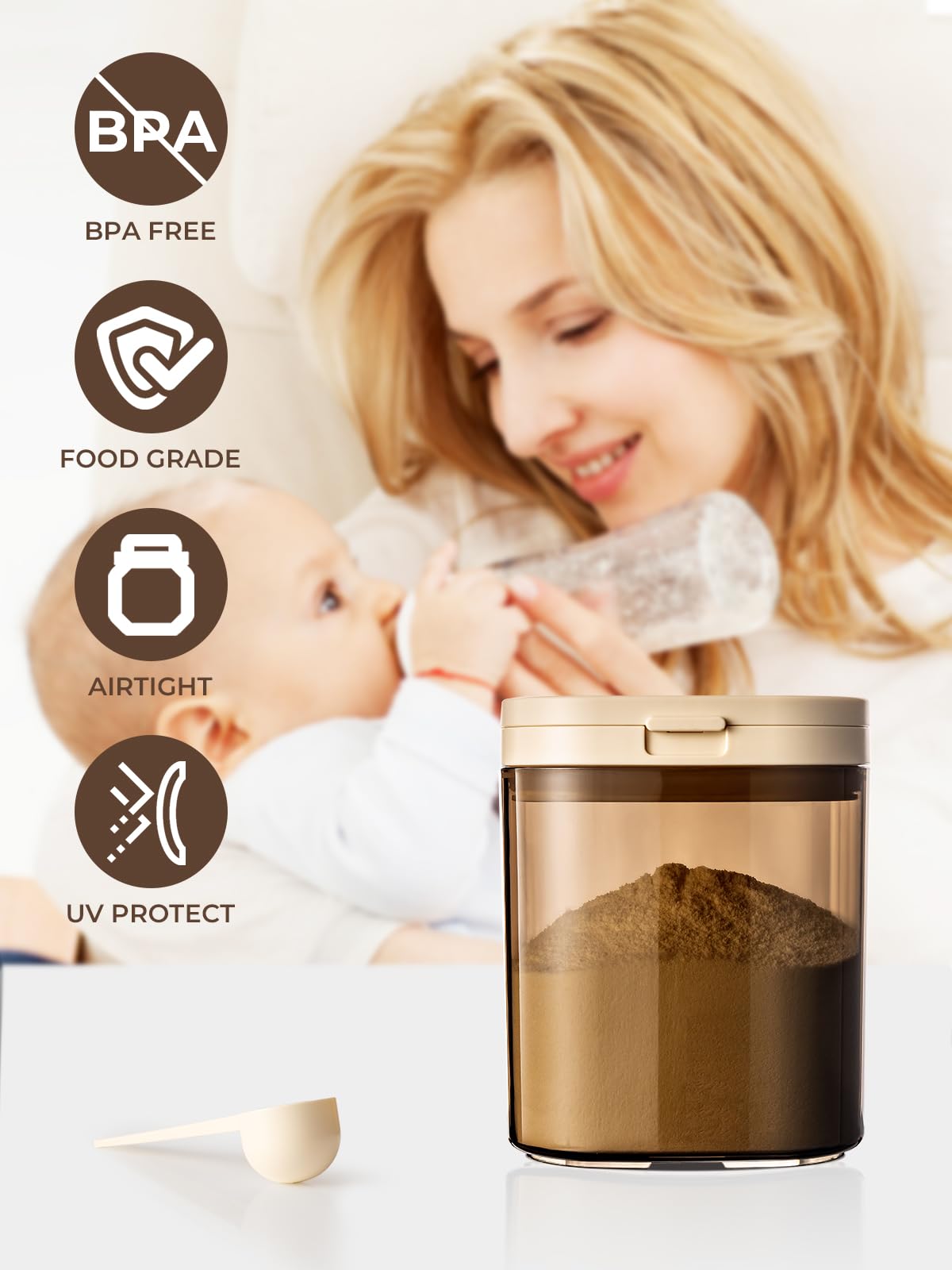 Tourdeus travel formula dispenser shows magnetic scoop for precise 5g measurements during travel.