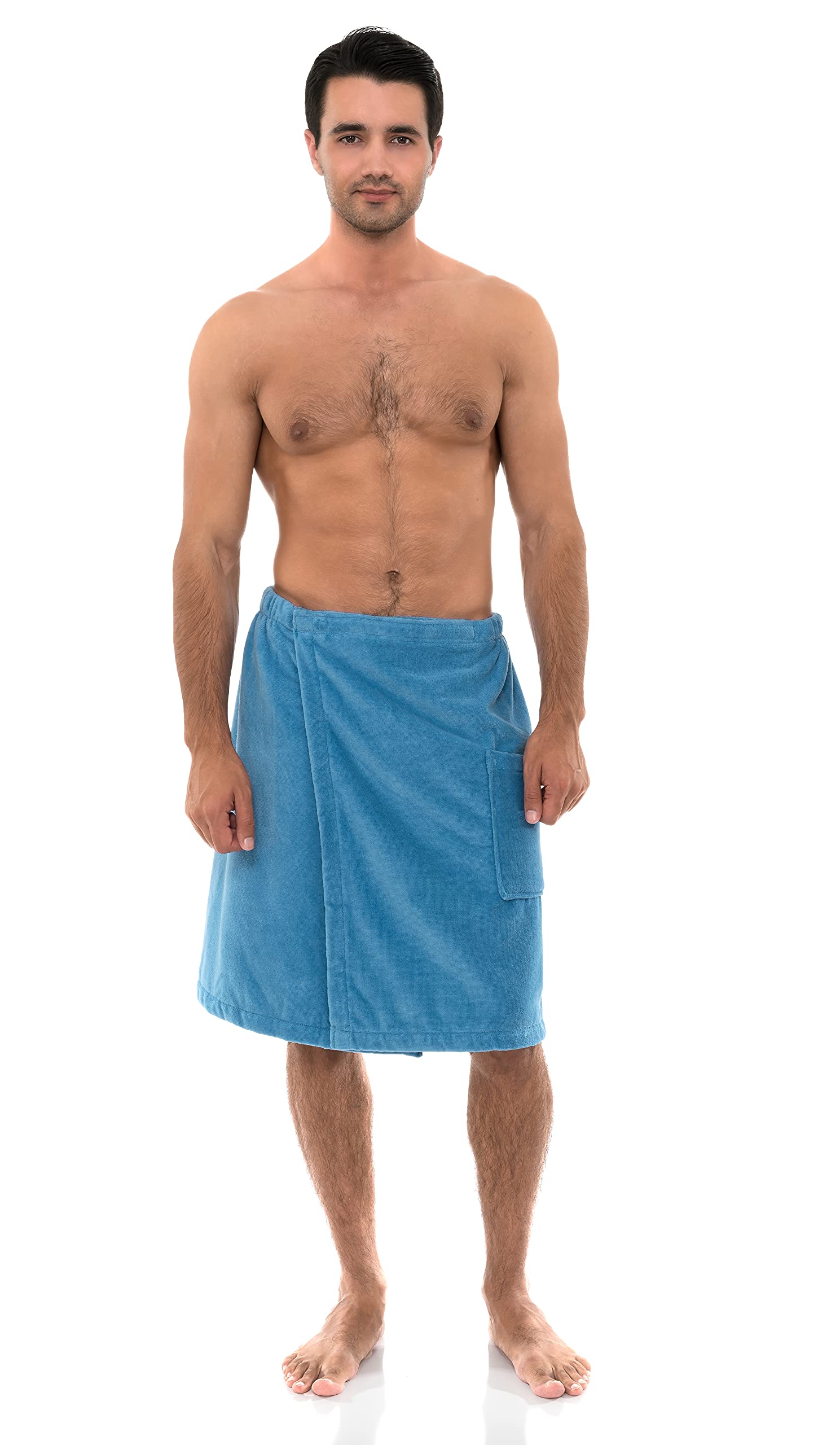 TowelSelections men's cotton shower wrap in Niagara blue, quick-drying after shower.