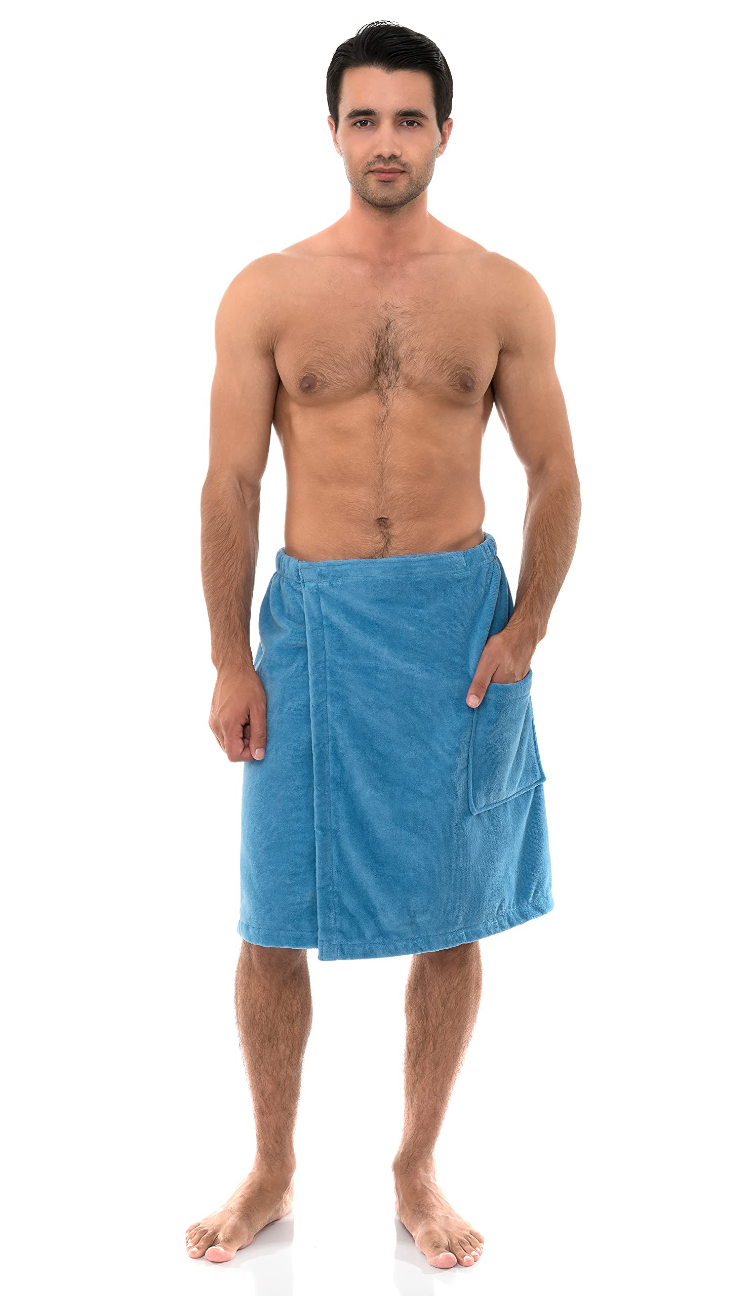 TowelSelections wrap front pocket visible for convenient storage after shower.