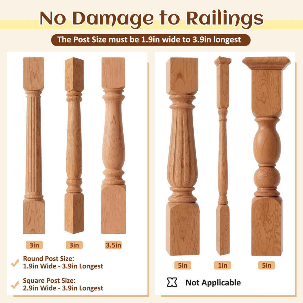 Toyjolka stair post fitting kit on square posts demonstrating flexibility