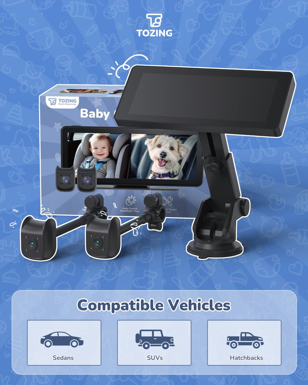 TOZING backseat camera kit fits most cars for family travel