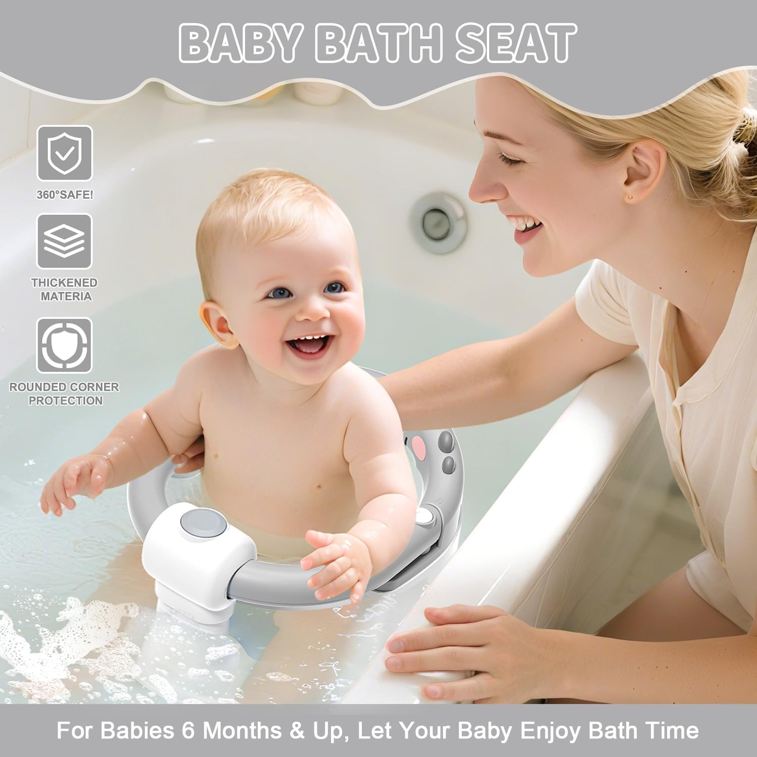 TPN Baby Bath Seat gray ergonomic backrest; provides gentle support during baths.
