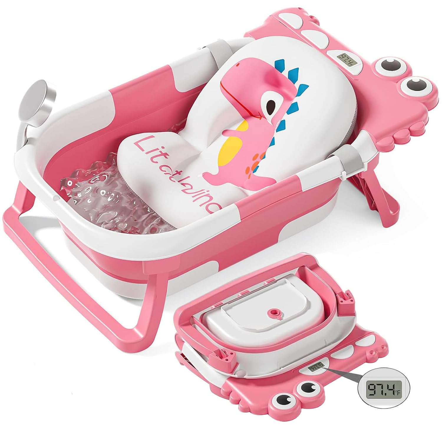 TPN collapsible baby bathtub assembled with cushion and thermometer for a calming bath