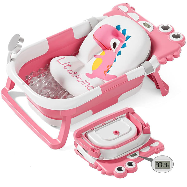 TPN collapsible baby bathtub assembled with cushion and thermometer for a calming bath
