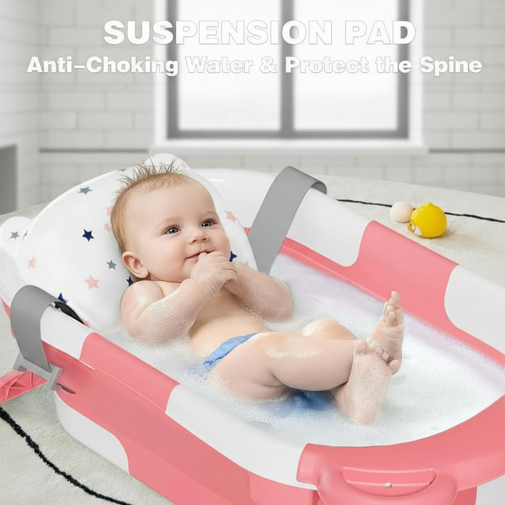 TPN baby bath tub with easy-clean drain and space-saving design.