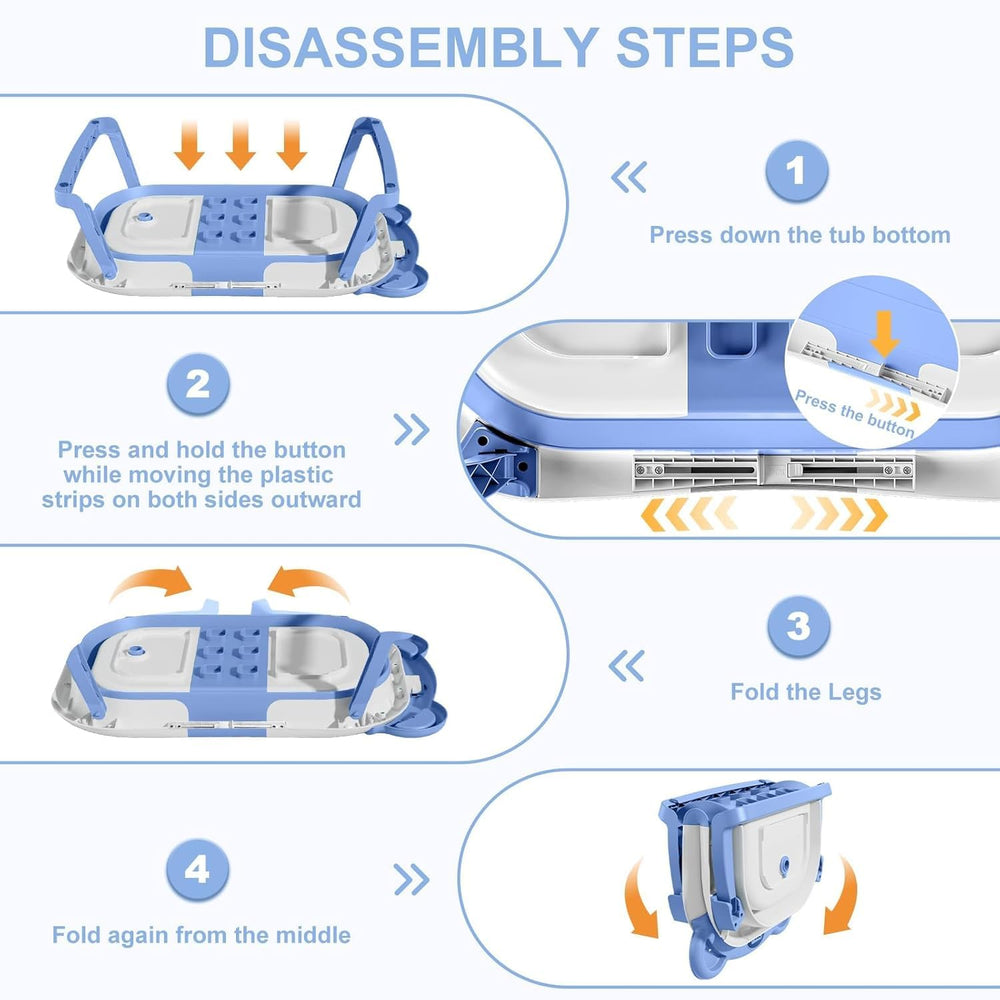 TPN collapsible baby bathtub off-floor drain for quick, easy water release.