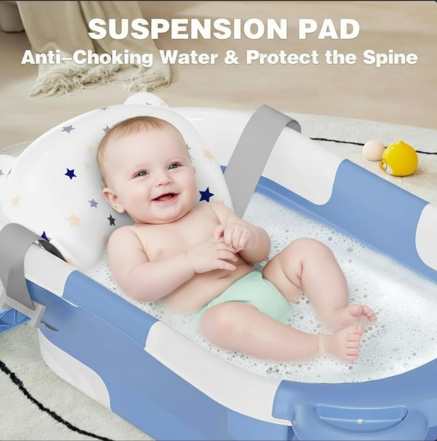TPN collapsible baby bathtub opened to show expanded interior space for growing baby.