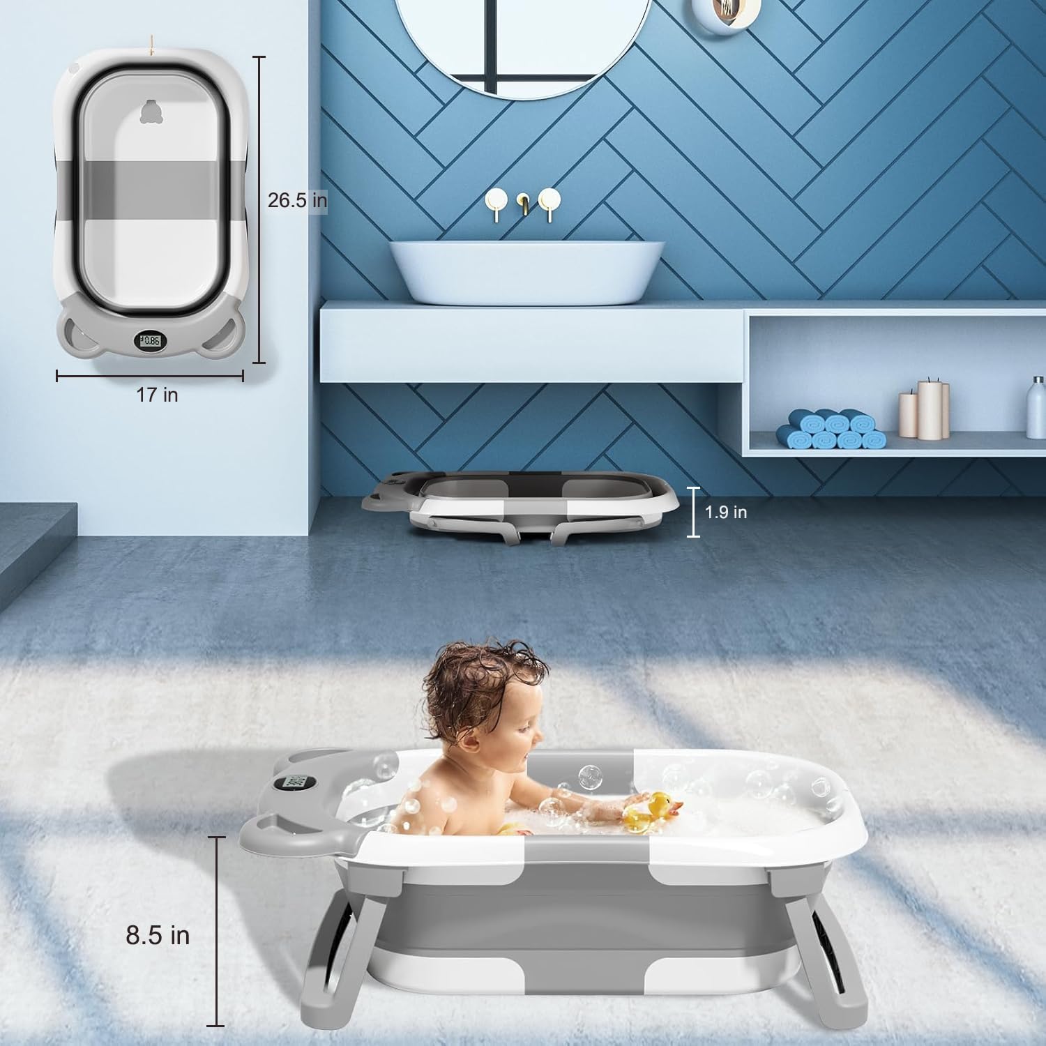 TPN collapsible baby bathtub temperature display helps monitor bath heat