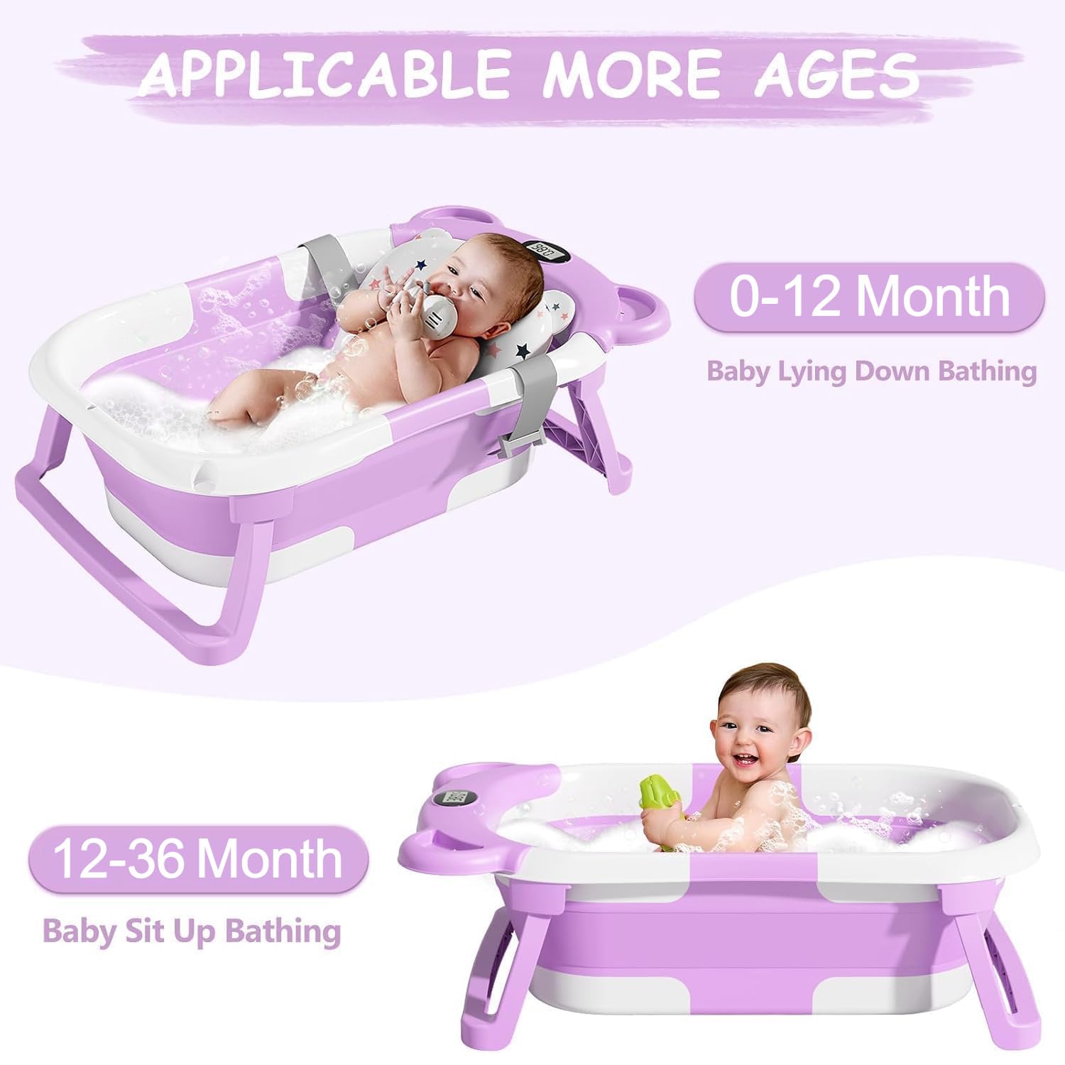 TPN collapsible baby bathtub temperature sensor display reads bath water temperature