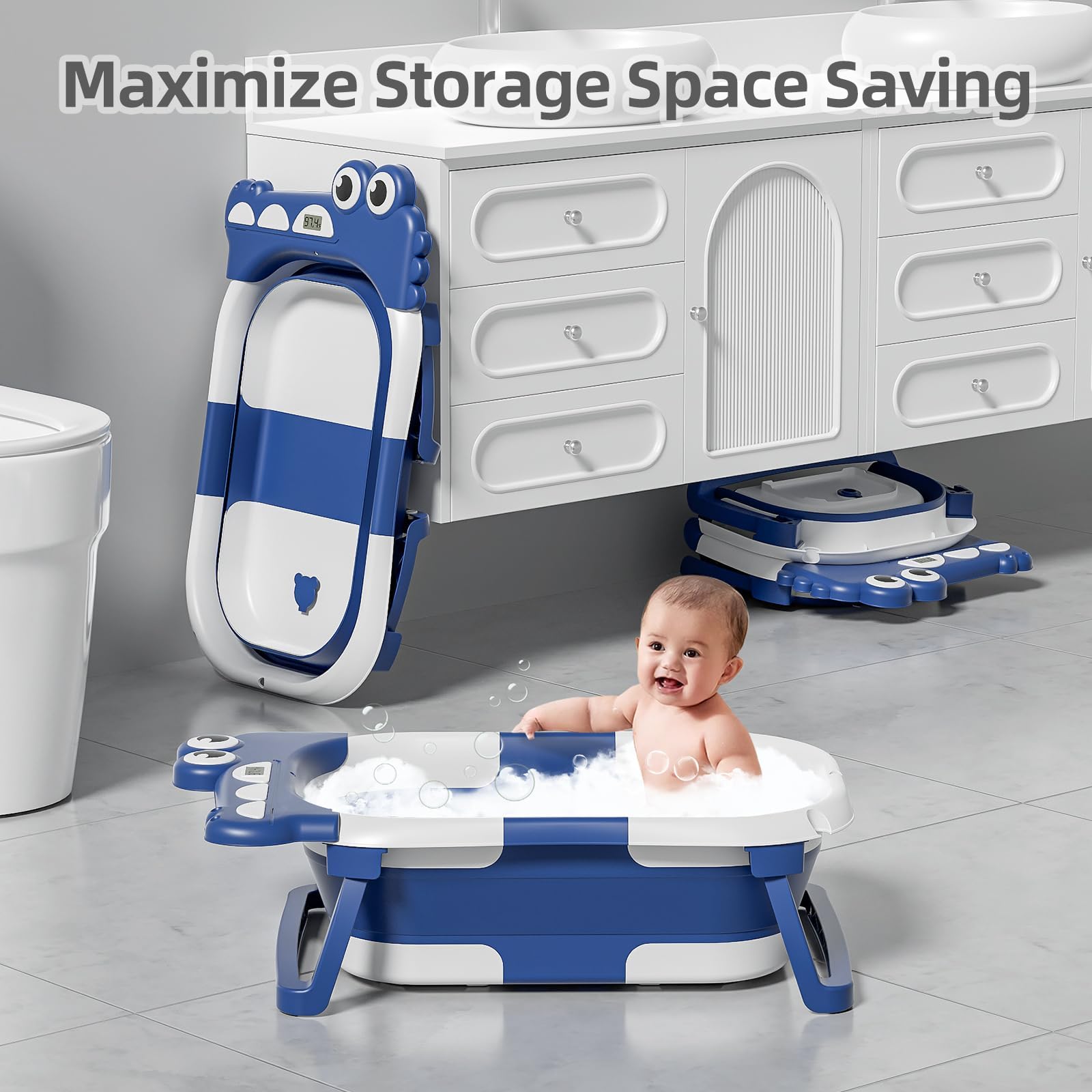 TPN collapsible baby bathtub thermometer display showing water temperature at a glance.