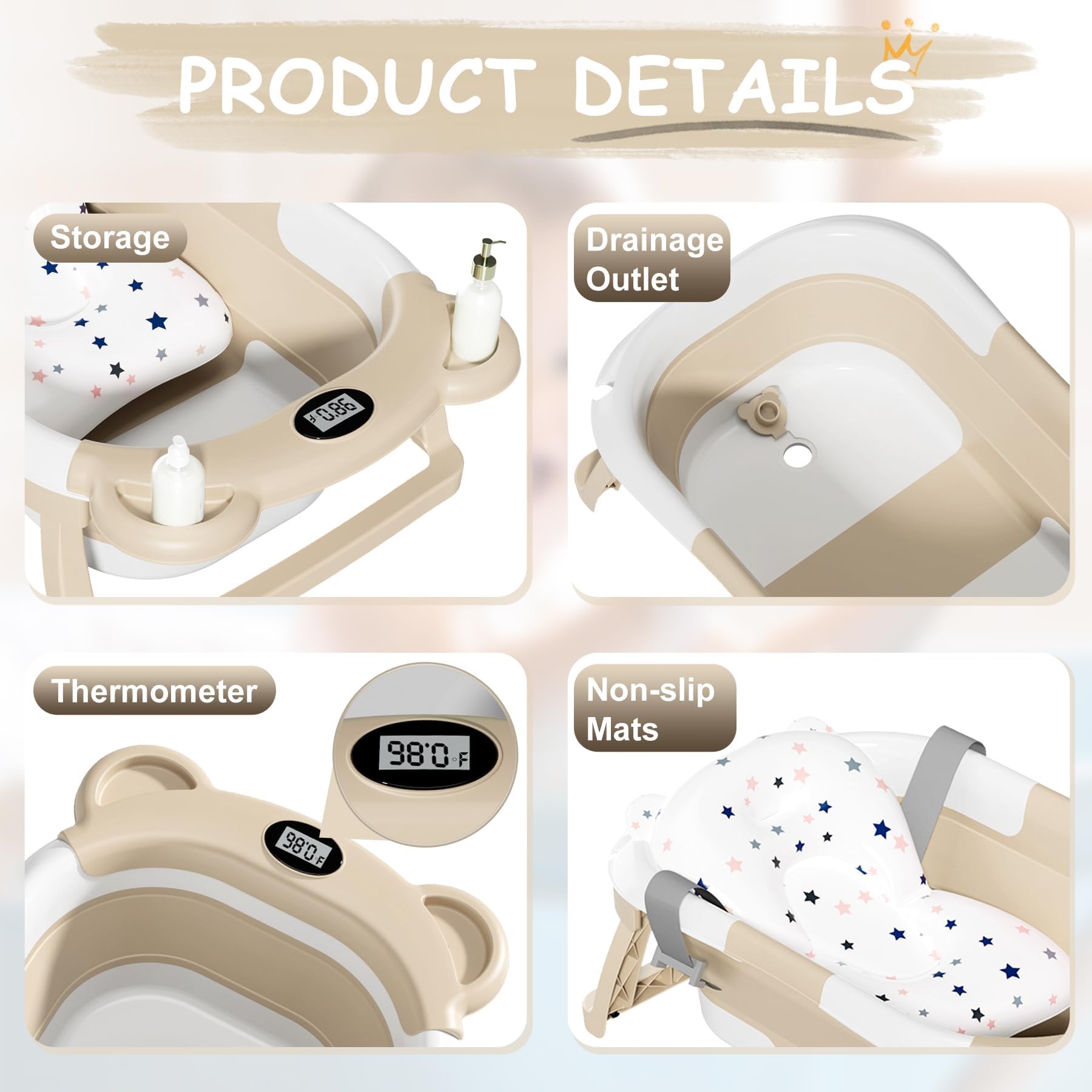 TPN collapsible bathtub with real-time thermometer display for safe bathing.