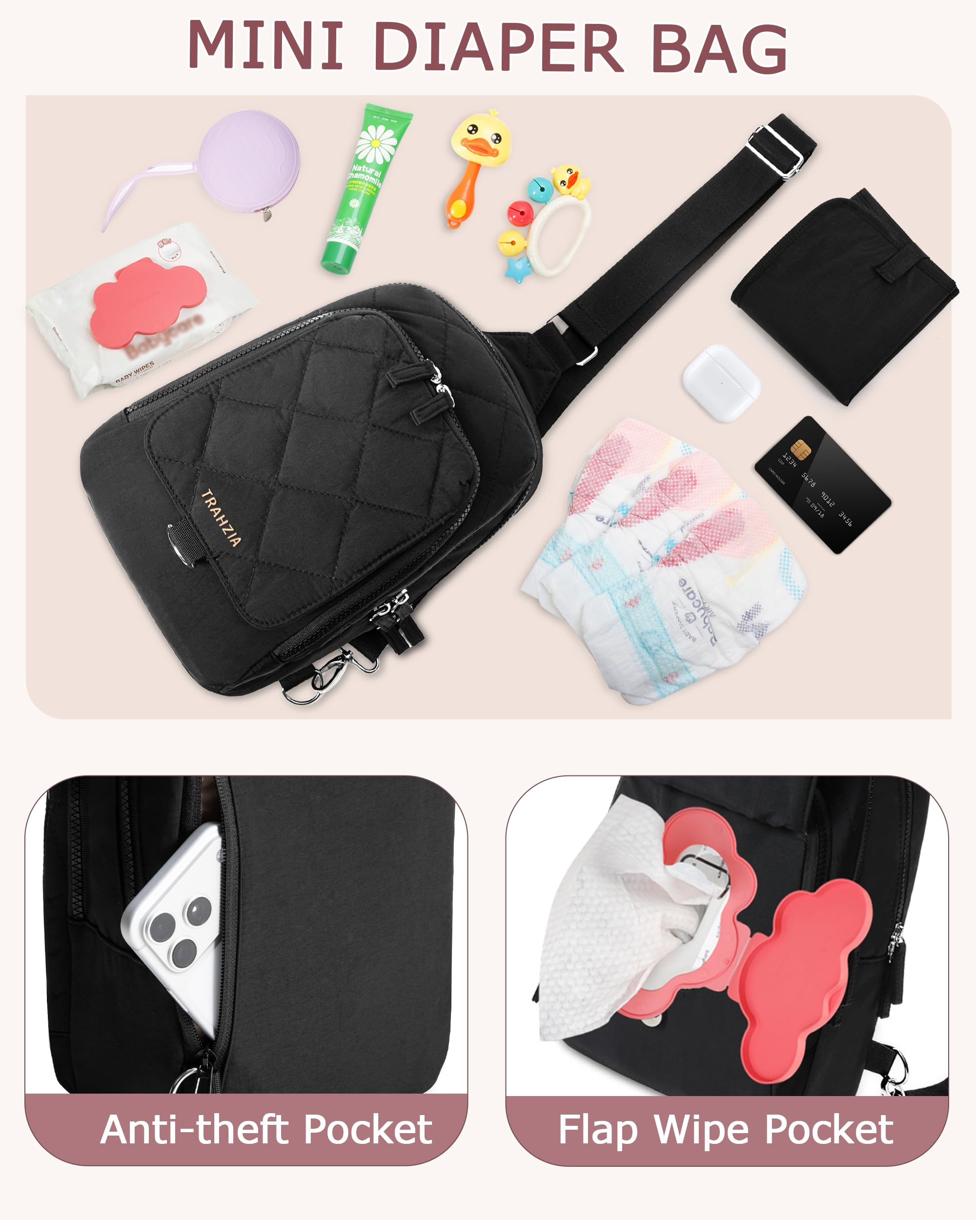 Trahzia mini diaper bag front flap pocket provides fast access to tissues
