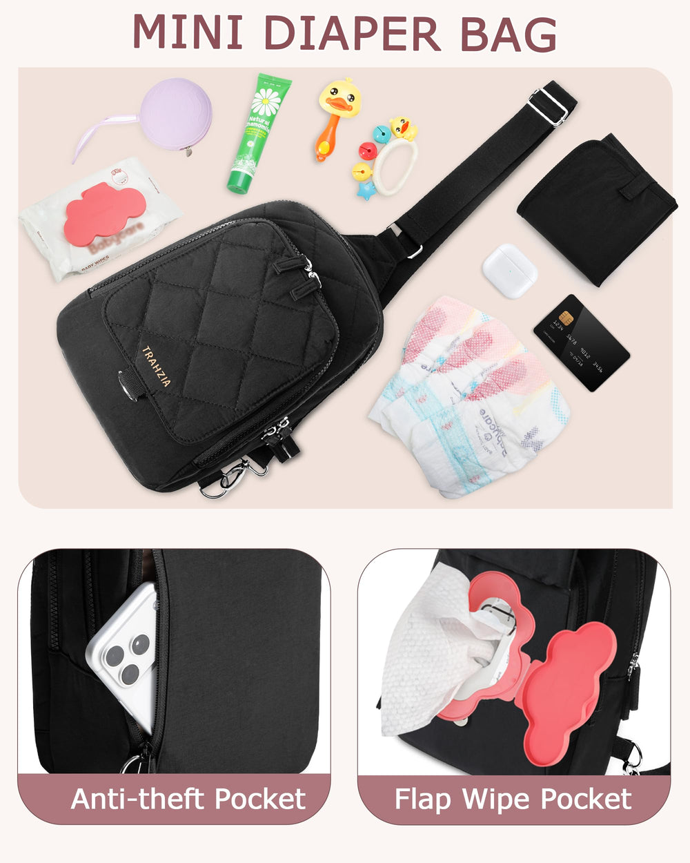 Trahzia mini diaper bag front flap pocket provides fast access to tissues