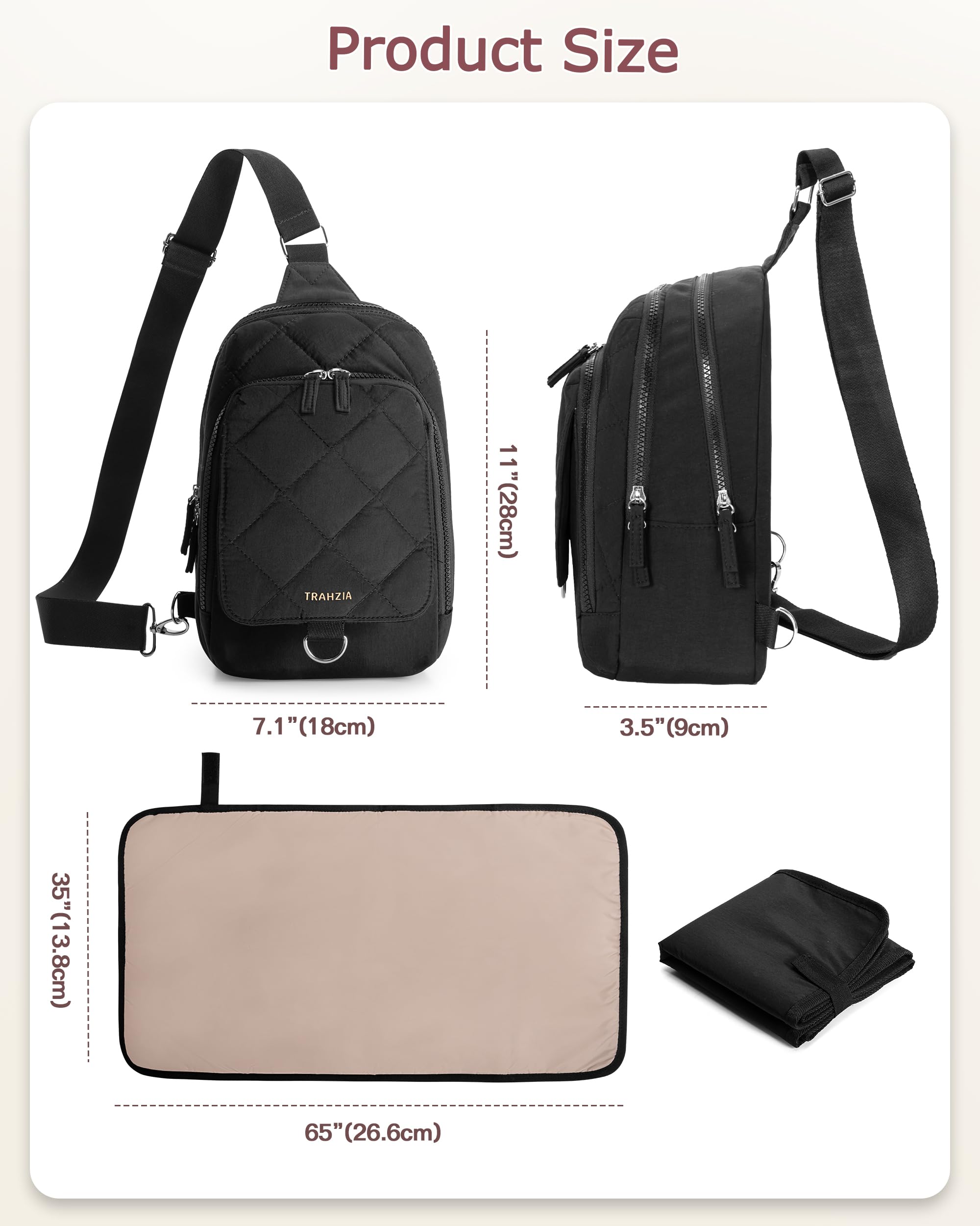 Trahzia mini diaper bag reversible strap for left or right wear