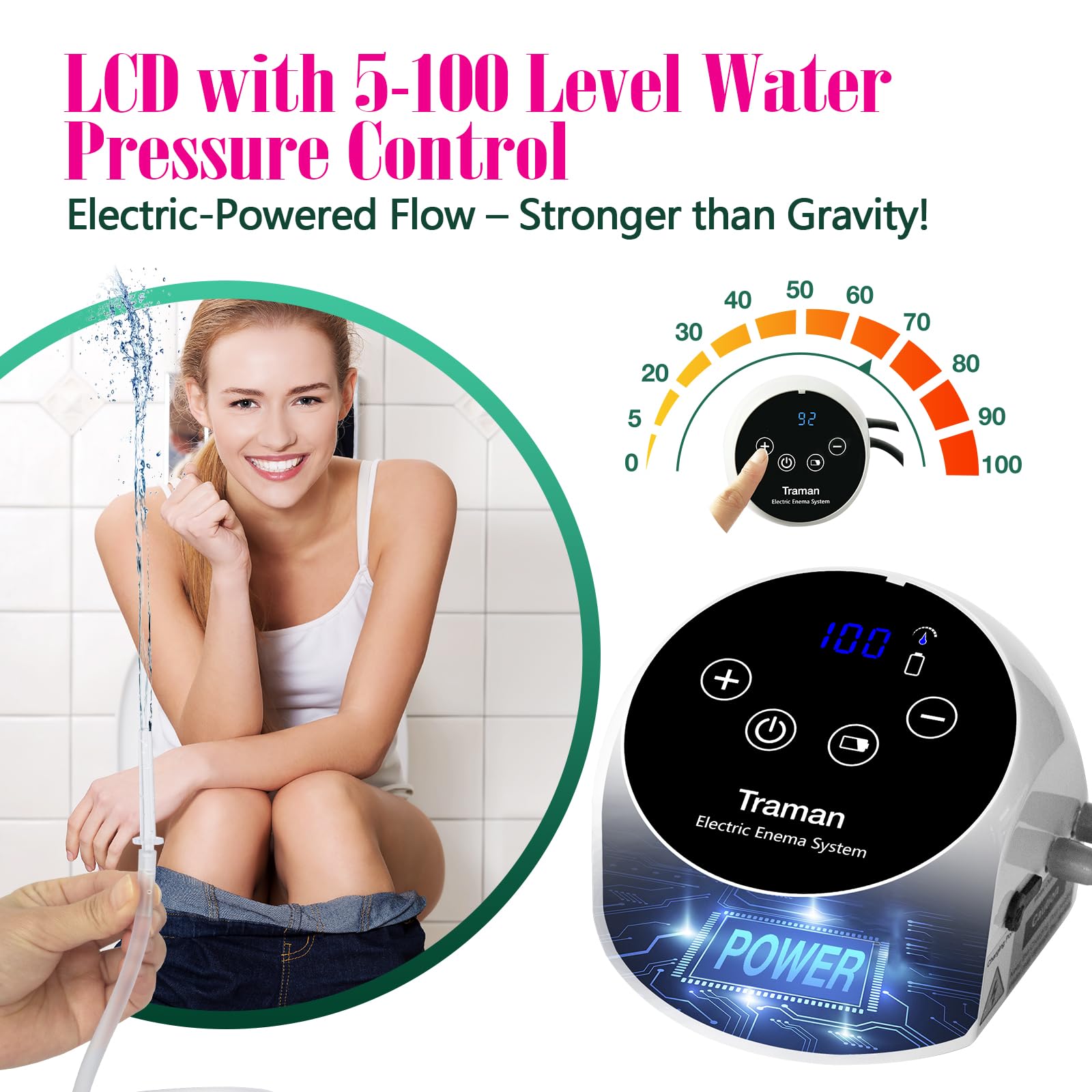 TRAMAN Enema Kit with LCD display for precise flow and battery status.