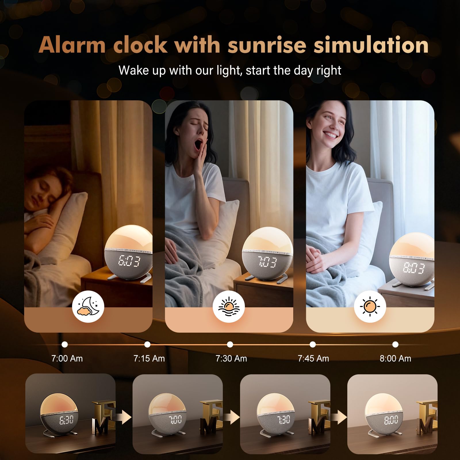 Tranquee Sunrise Alarm Clock customizable sounds brightness colors for mood matching.