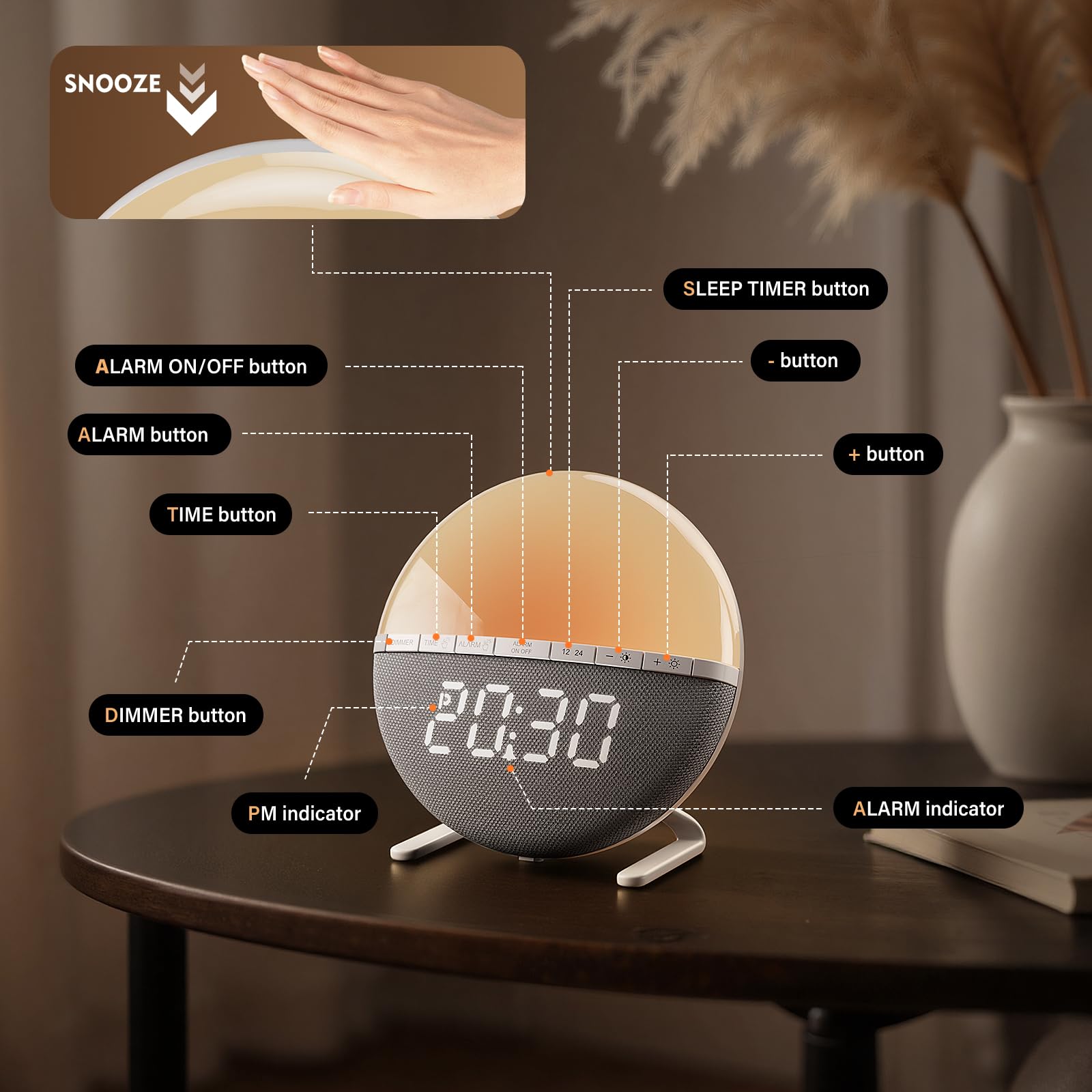 Tranquee Sunrise Alarm Clock uses simple physical buttons with clear labels.