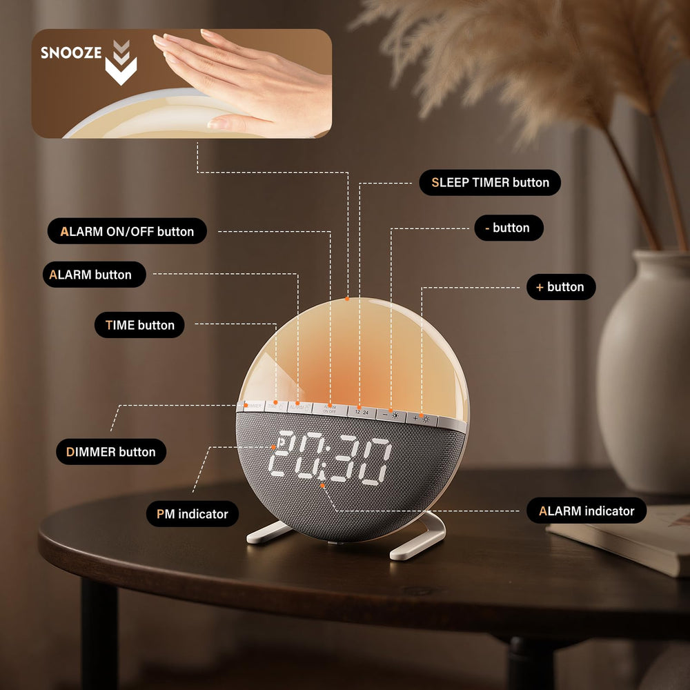 Tranquee Sunrise Alarm Clock uses simple physical buttons with clear labels.