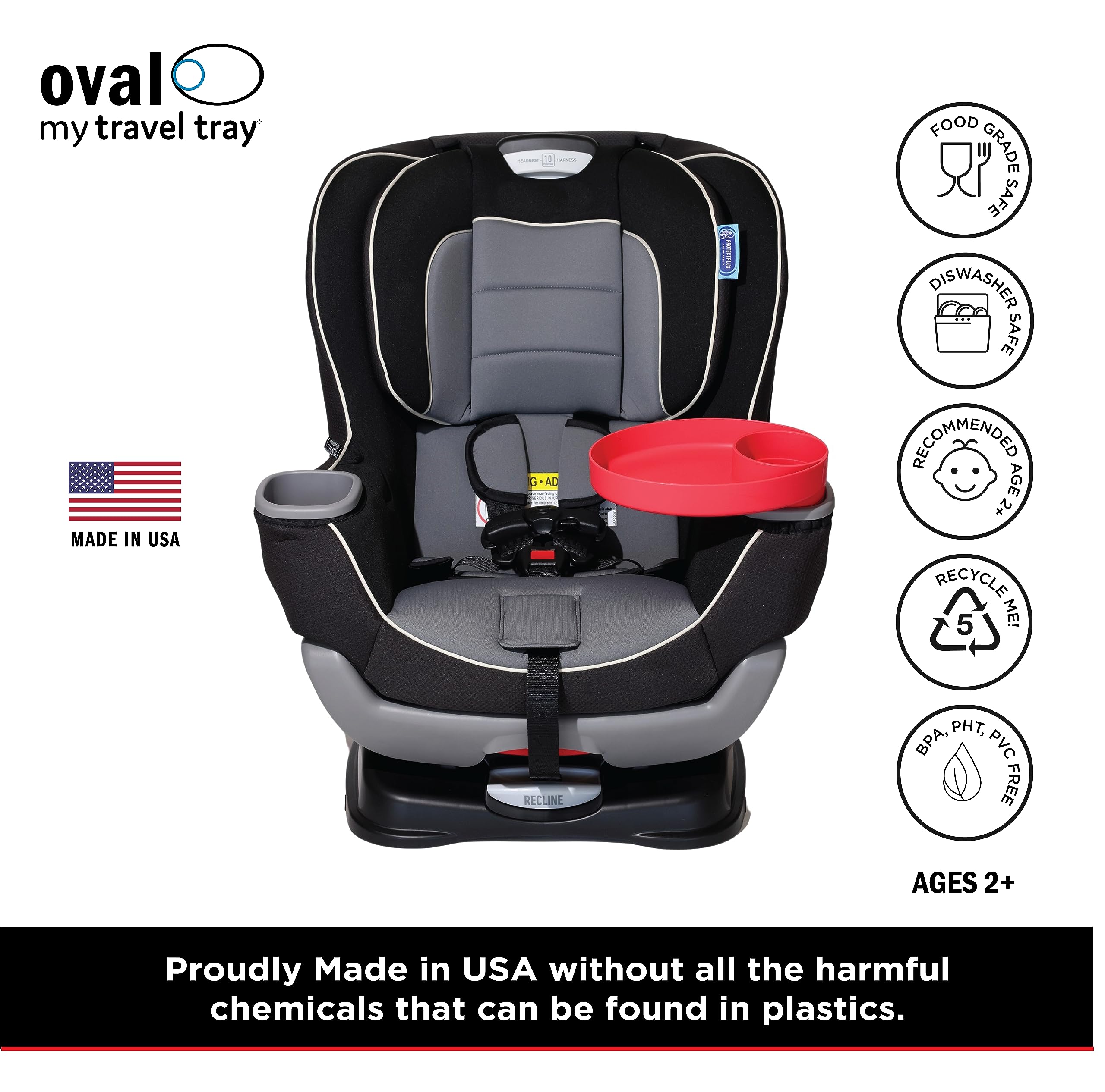 Travel Tray Oval keeps drinks and snacks within reach on stroller outings.