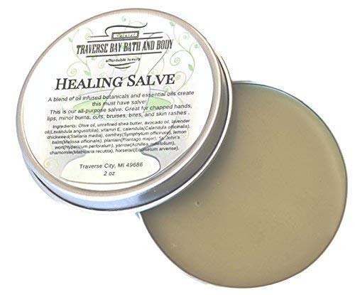 Traverse Bay herbal salve ingredients close-up showing natural botanicals.