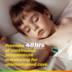TRAXIT pediatric thermometer delivering 48-hour continuous readings for home monitoring.