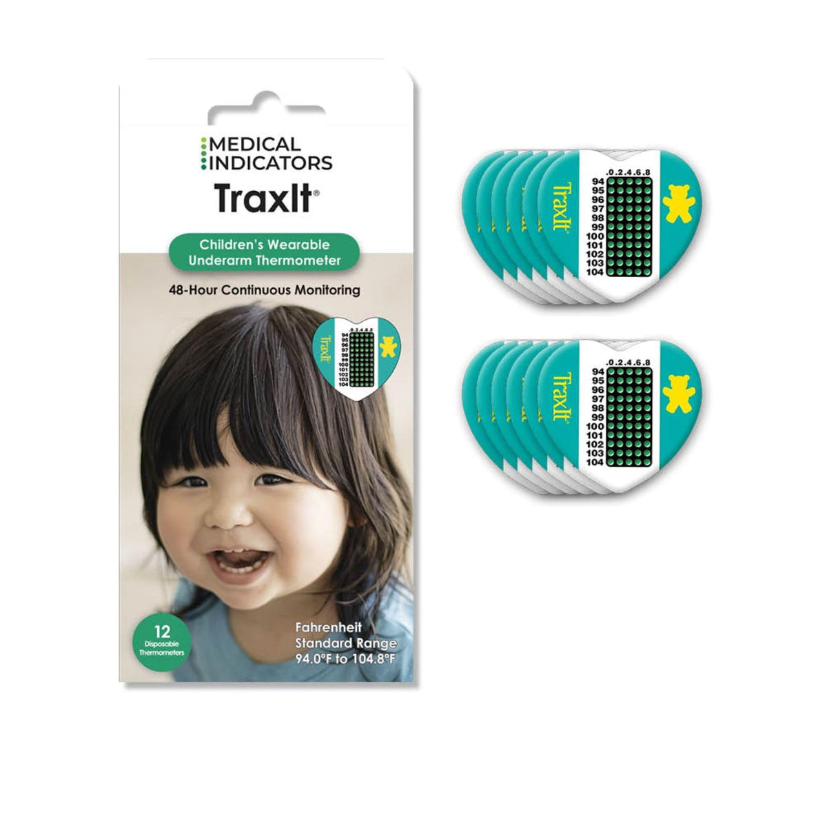 TRAXIT wearable axillary thermometer on a child’s arm for discreet continuous monitoring.