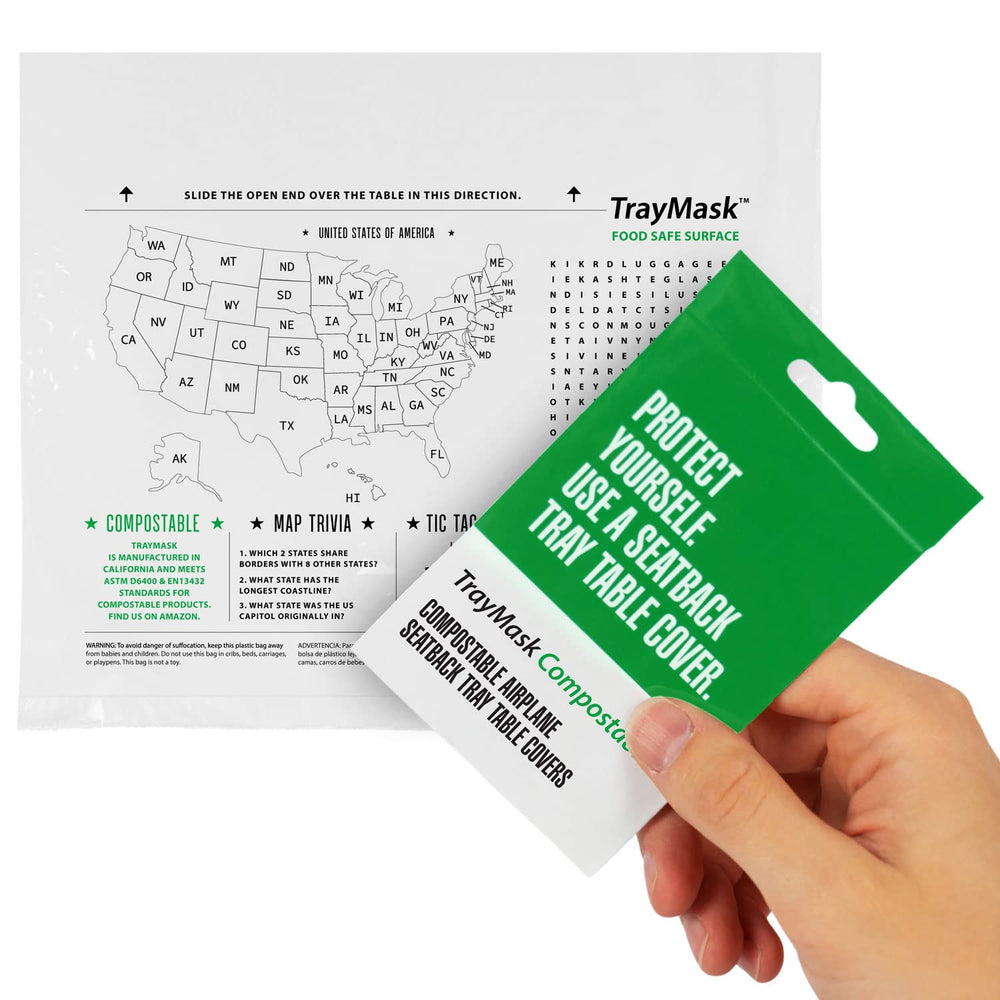 TrayMask presented as a practical, eco-friendly travel solution from a woman-owned brand