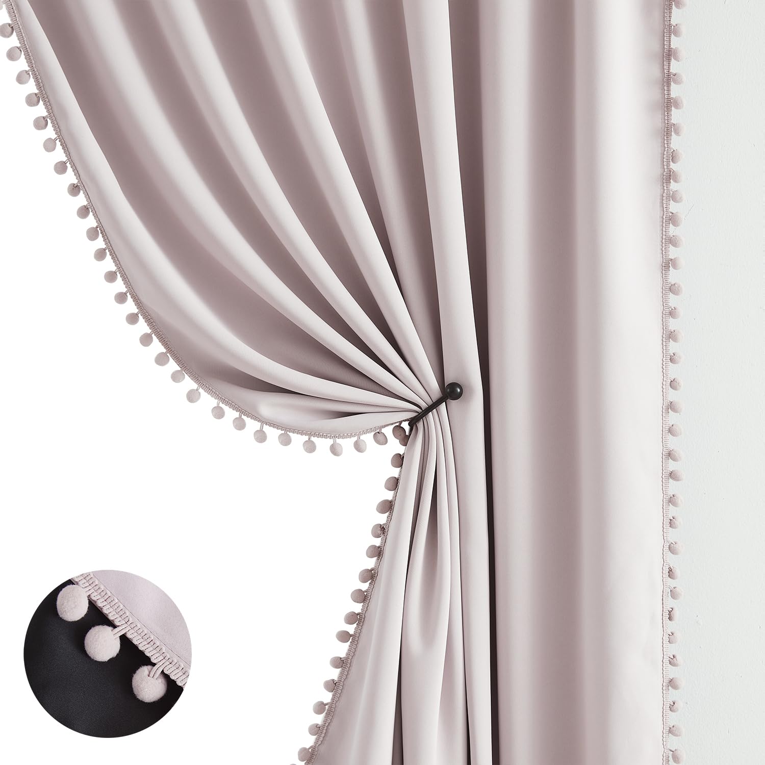 Treatmentex pink border pom-pom detail adds playful charm to nursery windows.