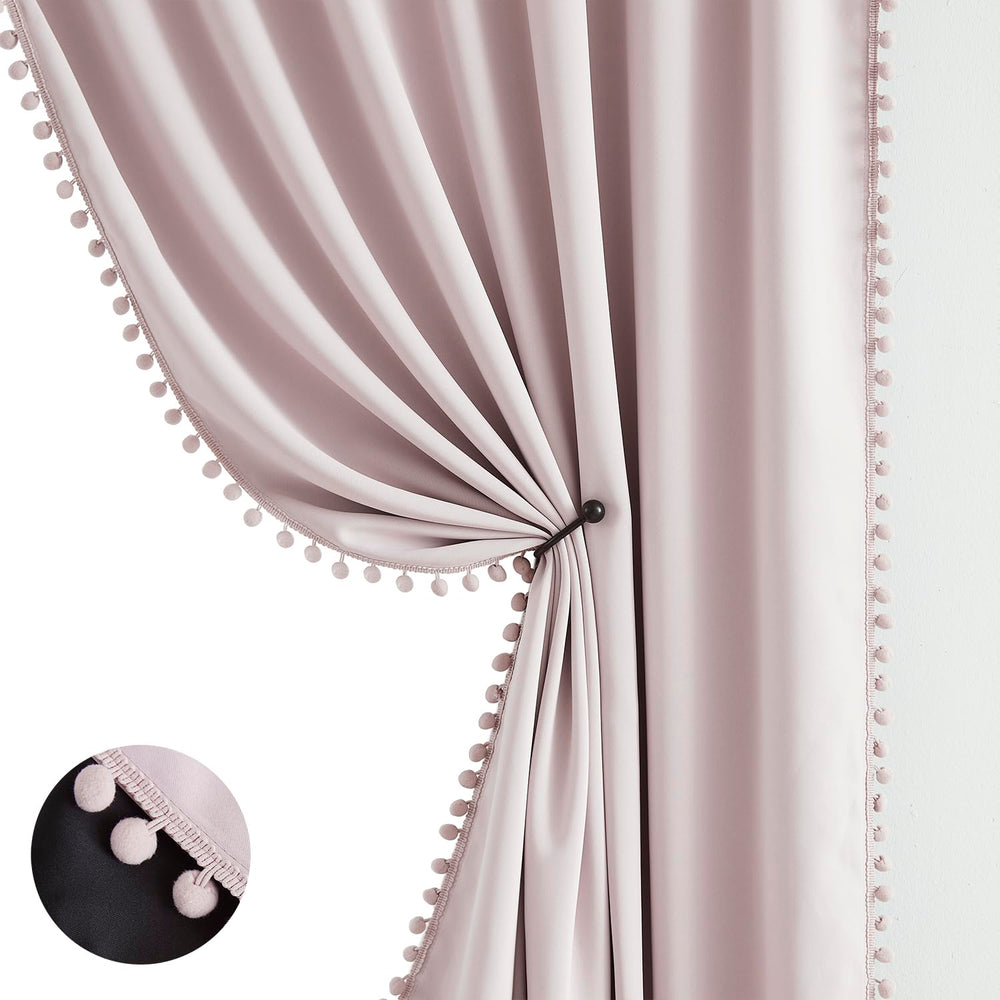 Treatmentex pink border pom-pom detail adds playful charm to nursery windows.