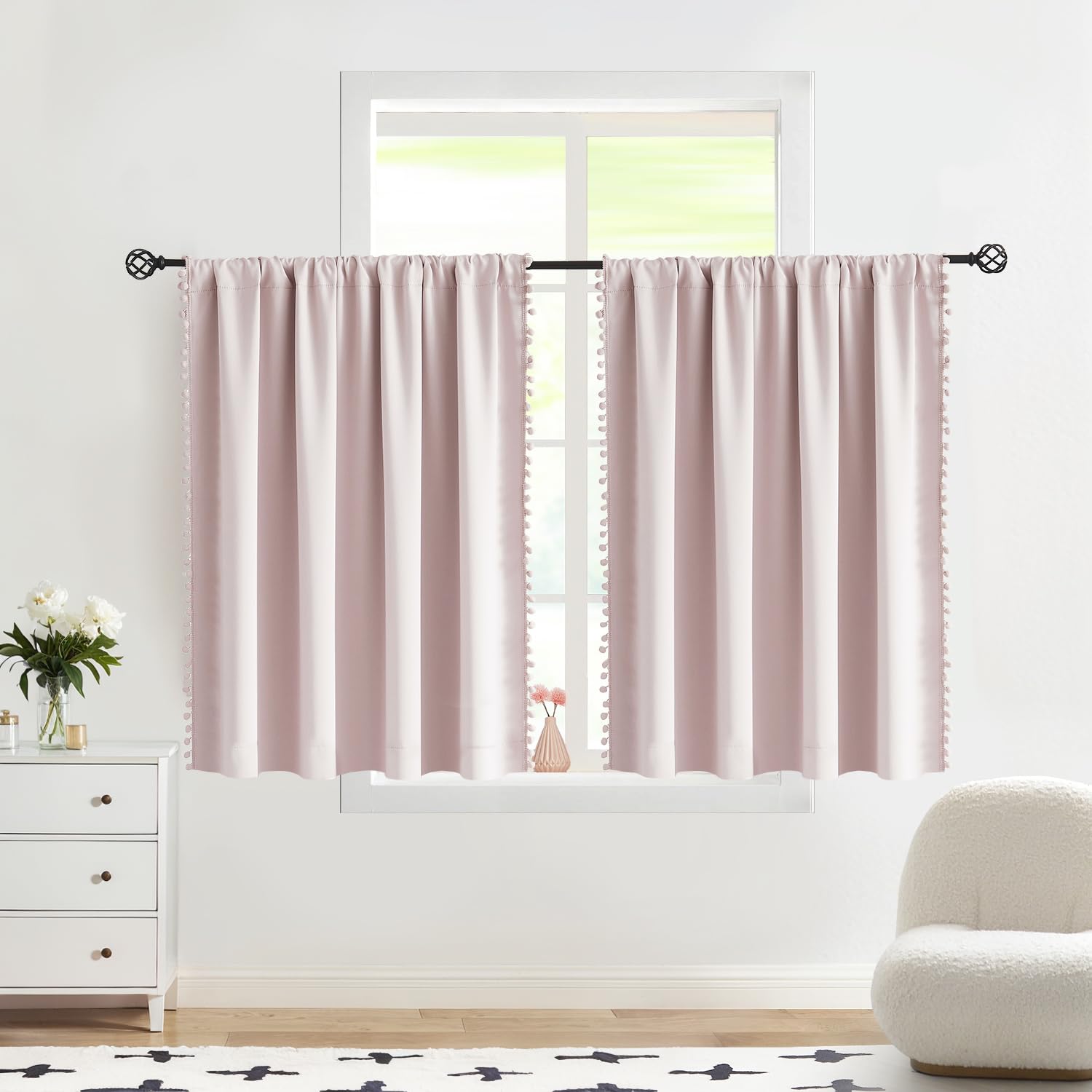 Treatmentex pompoms pink full blackout curtains, two-panel setup, dark cozy bedroom for restful sleep.