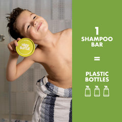 Tree Bottle shampoo bar applied on hair during bath for tear-free rinsing