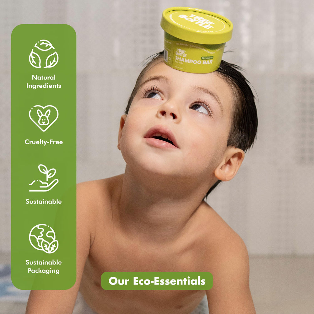 Tree Bottle kids shampoo bar close-up shows creamy lather and oat protein for gentle cleansing