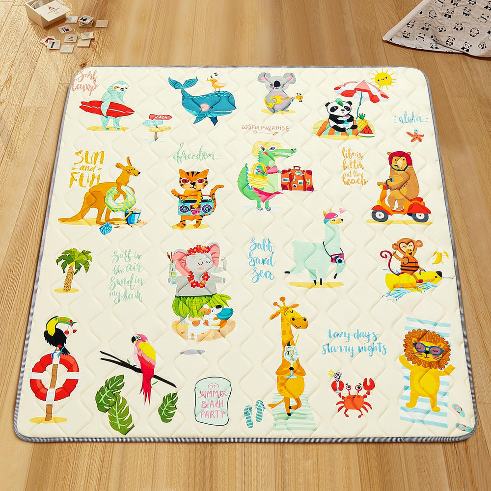 TreeBud baby play mat shows 50x50 layout, providing ample space for safe supervised play.