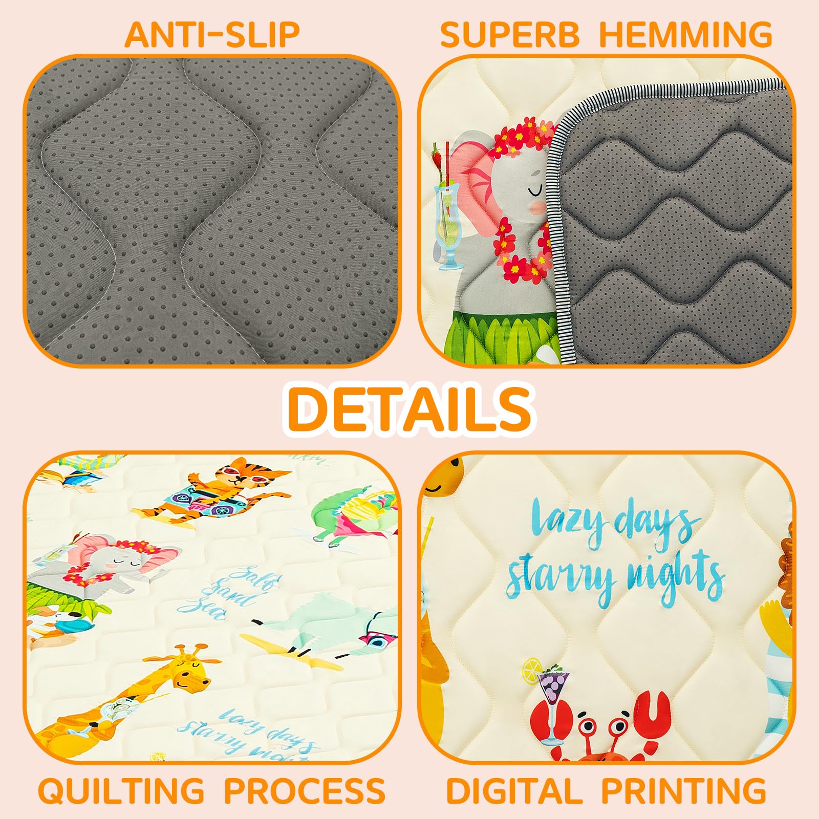 TreeBud baby play mat non-slip base prevents moves during active floor play.