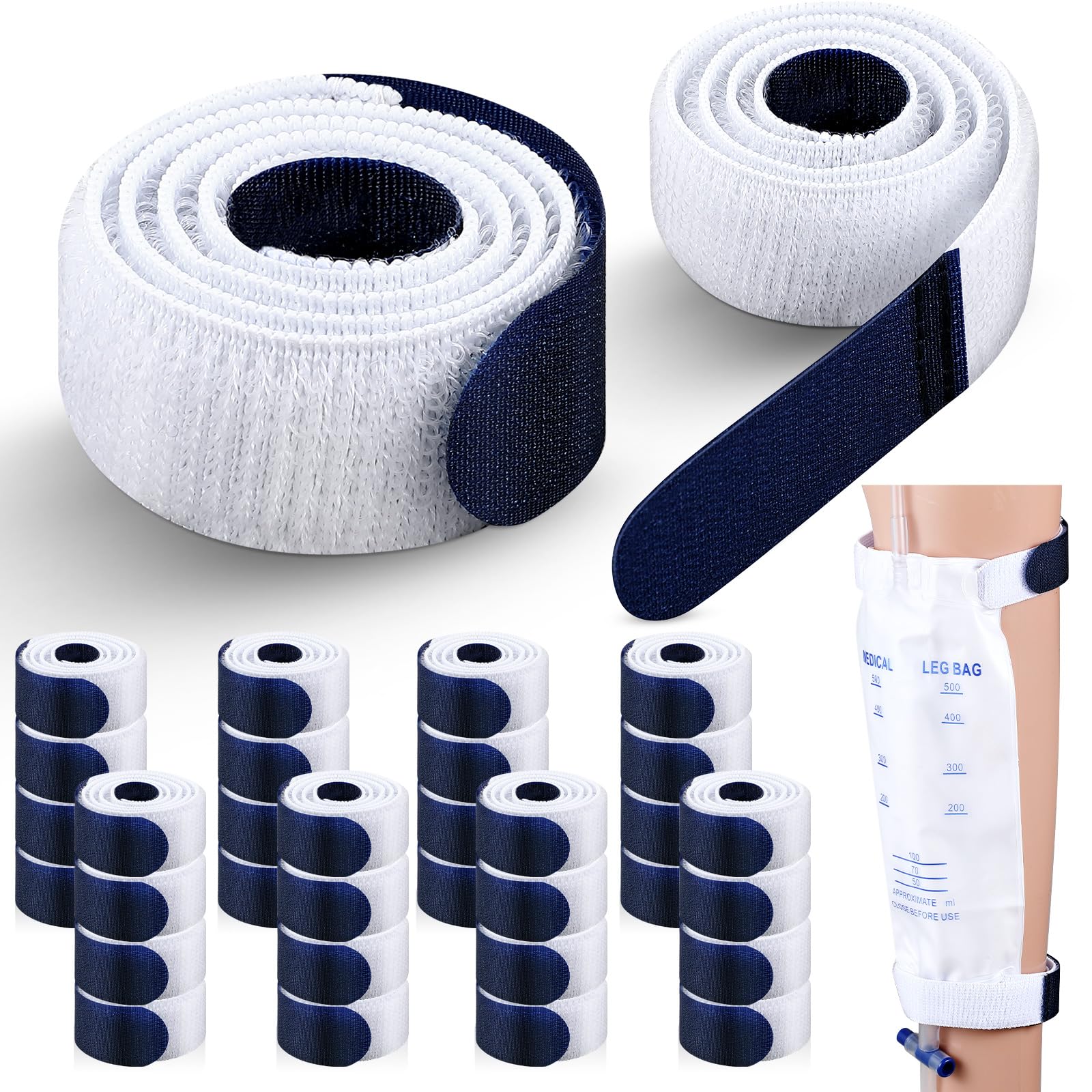 TrelaCo 32-piece urine leg bag straps laid out for long-term use and convenience.