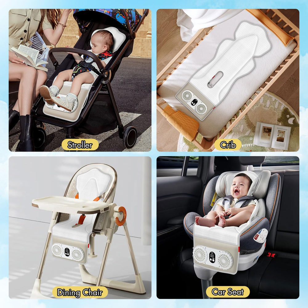 TRELC universal-fit design showing compatibility with strollers, cribs, and dining chairs