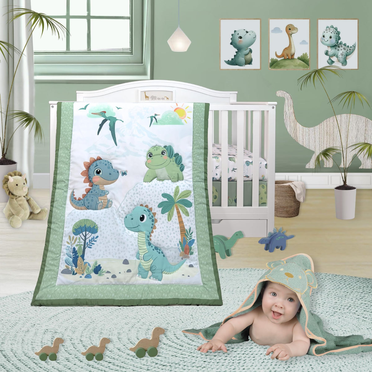 TrendLay Dino Adventure crib bedding with playful dinos brightens nursery and sparks imagination.
