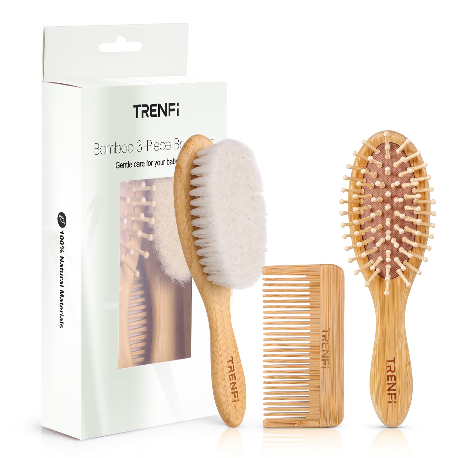 TRENFI bamboo baby hair brush with ultra-soft goat bristles for gentle newborn grooming.