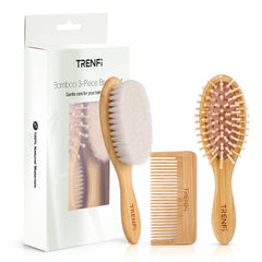TRENFI bamboo baby hair brush with ultra-soft goat bristles for gentle newborn grooming.