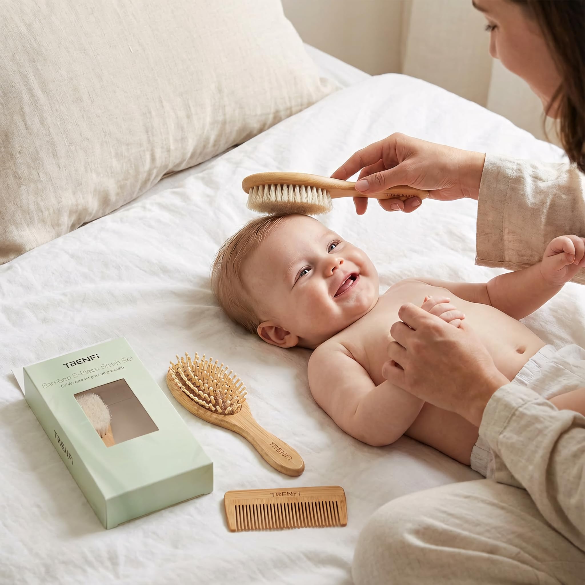 TRENFI goat bristle brush helps exfoliate dry scalp softly while distributing natural oils.