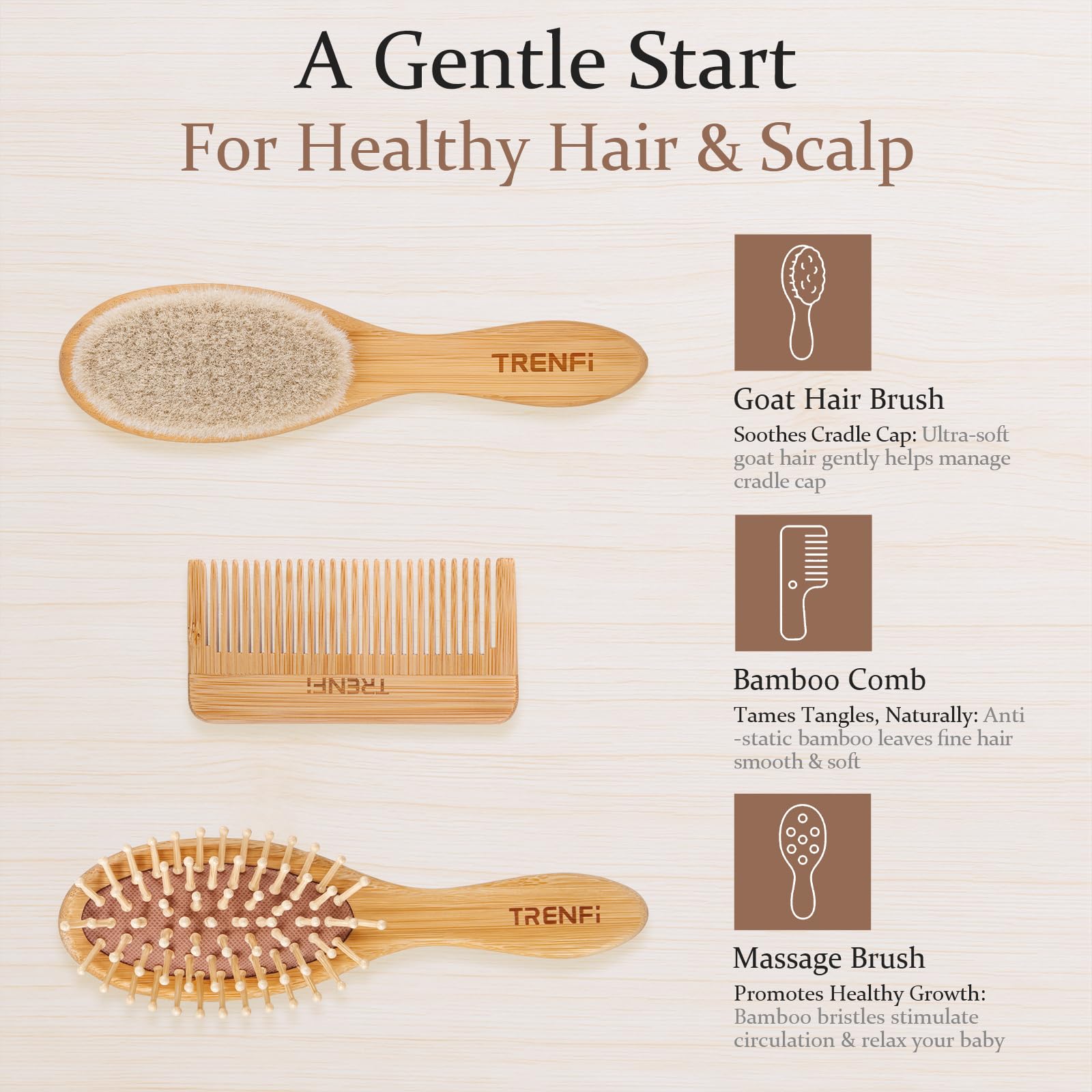 TRENFI wooden massage brush stimulates the scalp and calms a fussy baby.